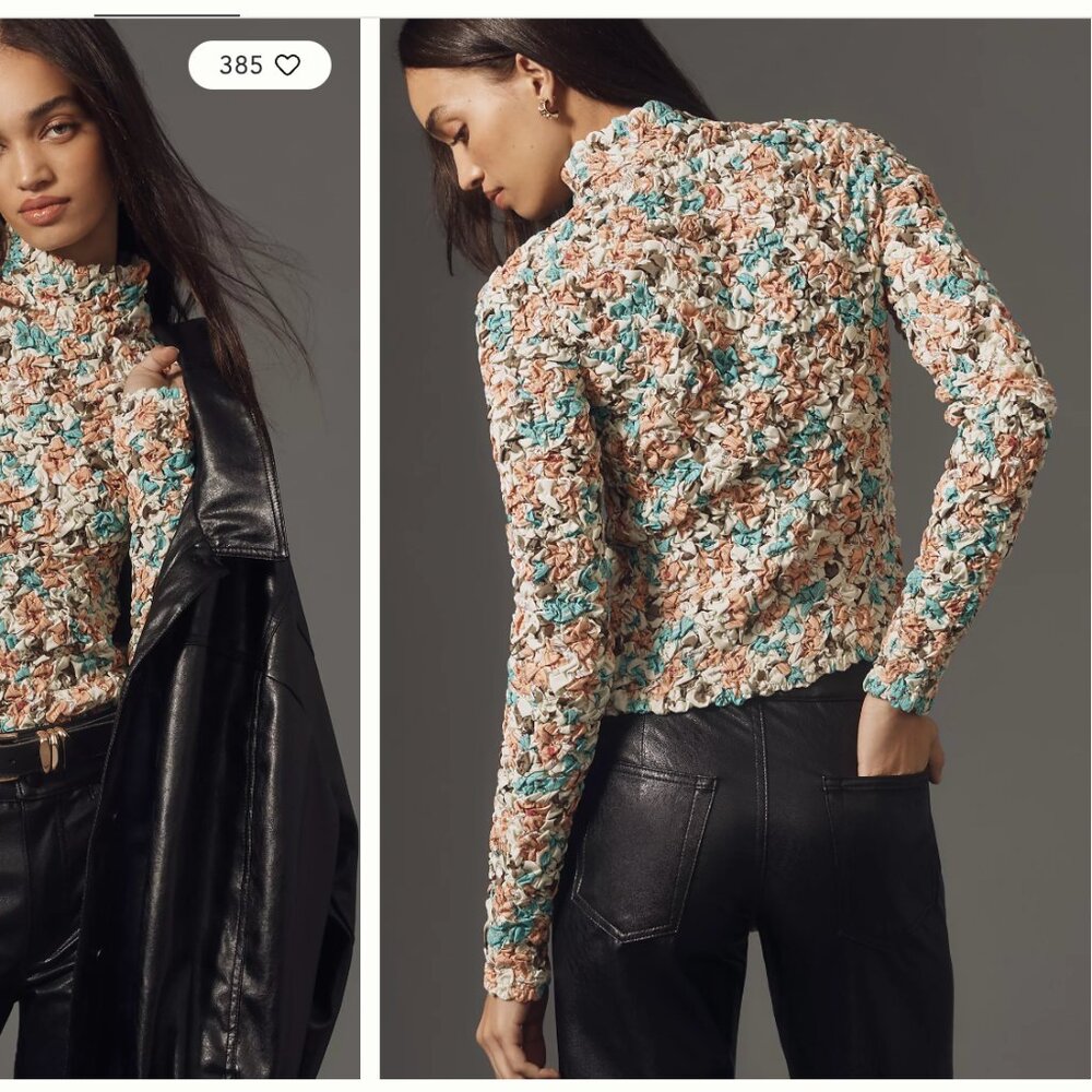 NWT ANTHROPOLOGIE Dolan Blue and Brown Smocked Ruffled Long Sleeve Blouse Size M - Picture 4 of 9